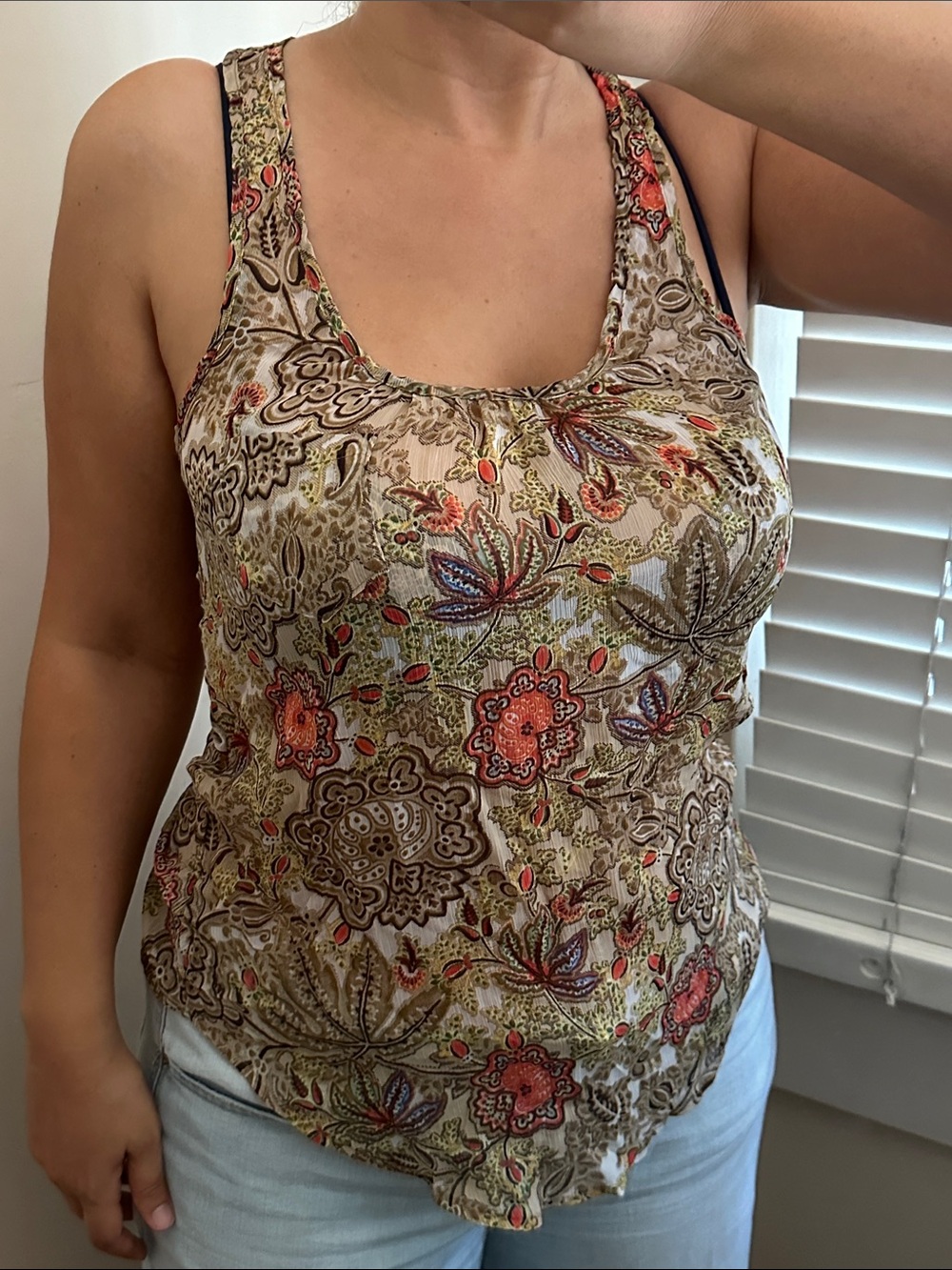 Sleeveless Lightweight Racerback Floral Paisley Print Beach Tank Cream Coral